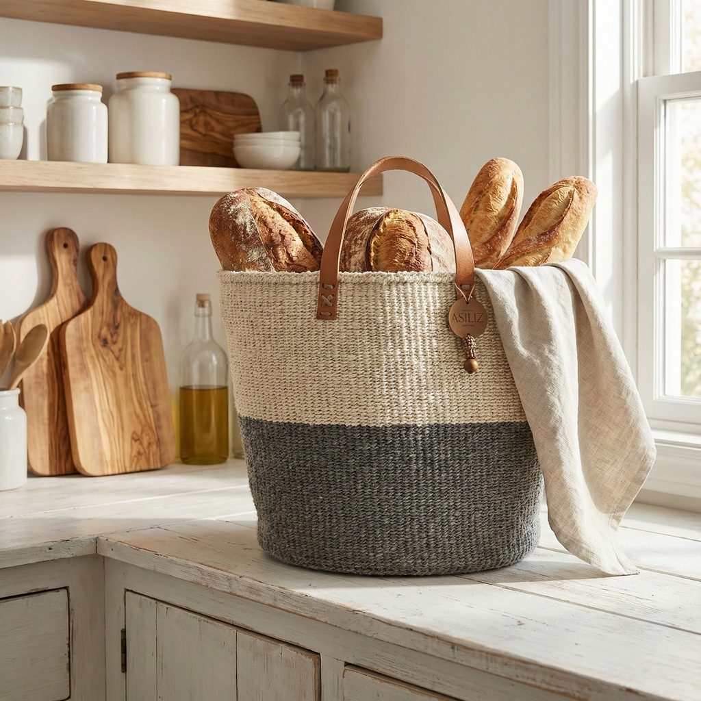 Natural sisal storage basket with leather handles holding blankets in a minimalist living room, handmade by Kenyan artisans by Asiliz.