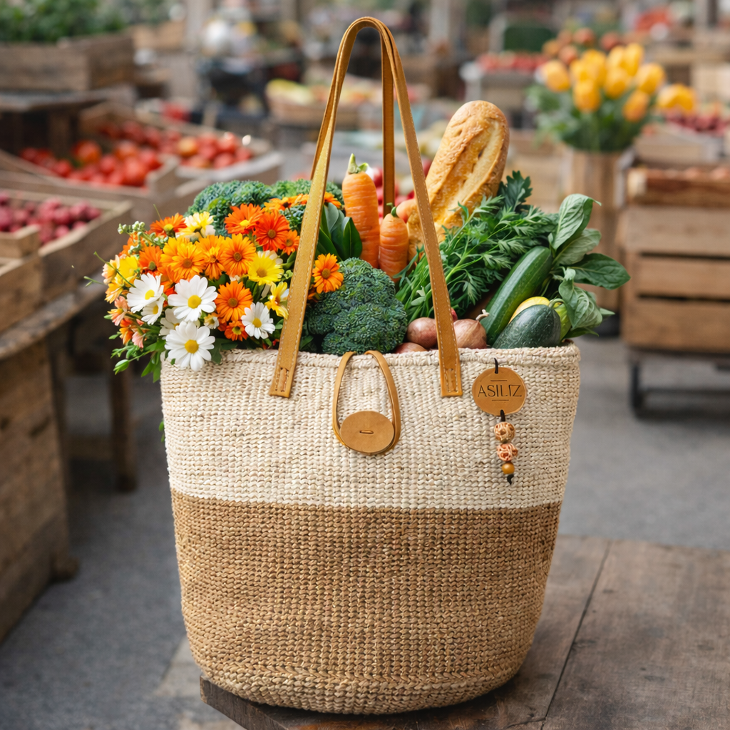 Natural woven sisal tote bag with leather handles carrying market produce and flowers.