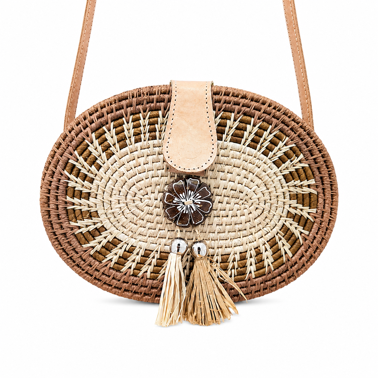 Crossbody Purse - Natural Handwoven Oval Boho Purse with Tassel