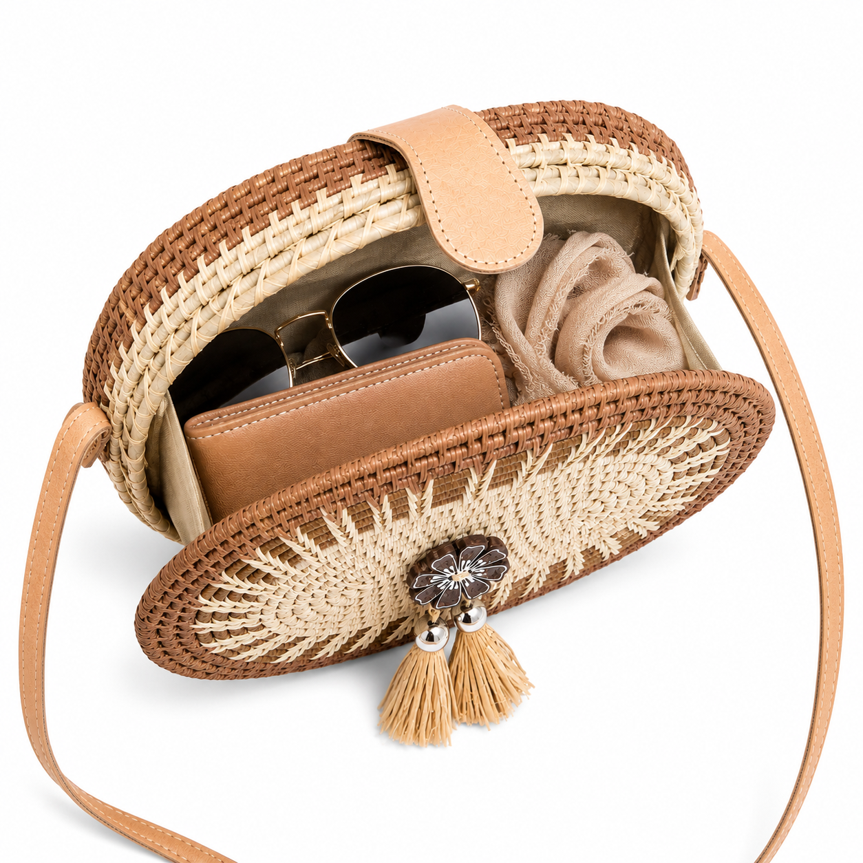 Crossbody Purse - Natural Handwoven Oval Boho Purse with Tassel