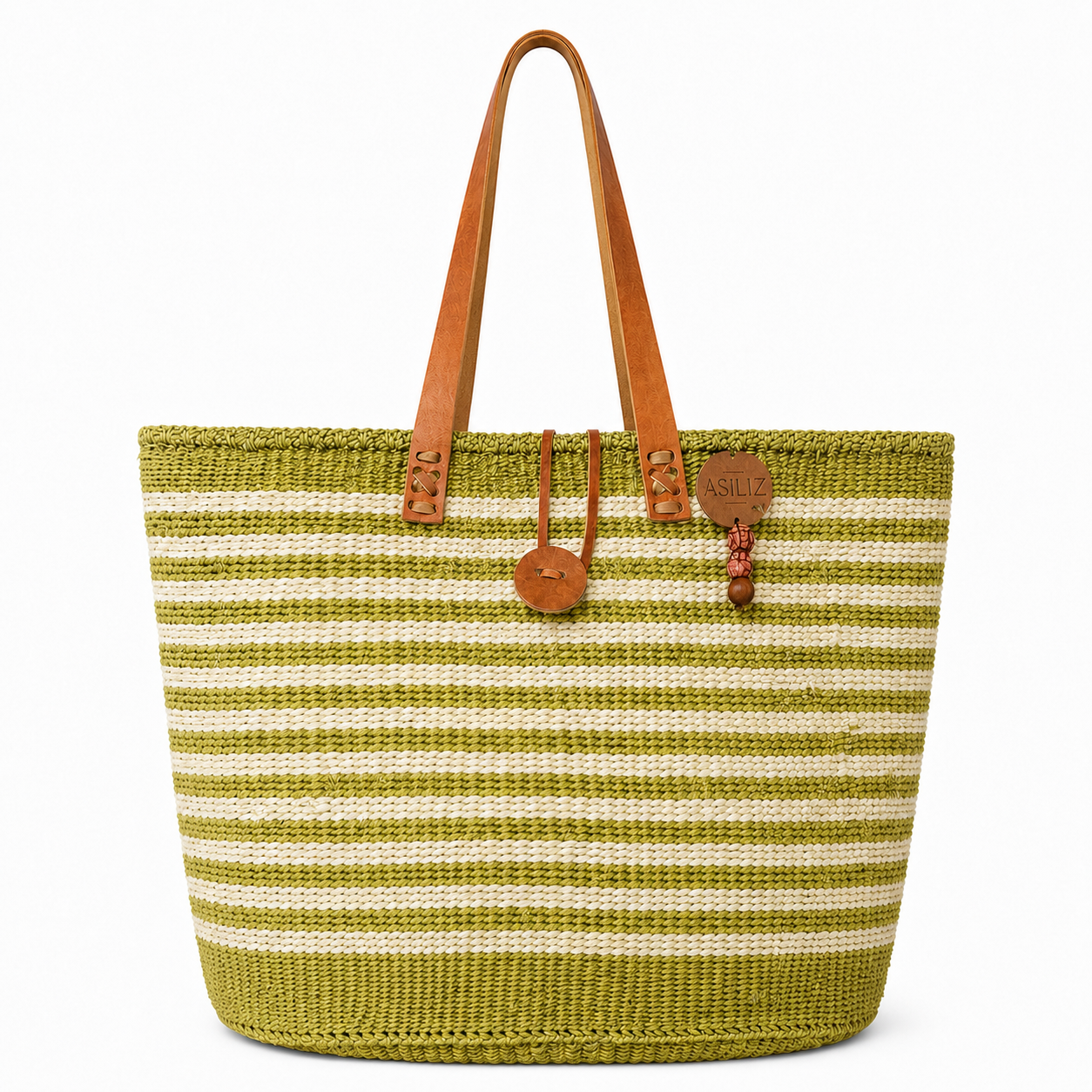 Sisal Tote Bag - Green & White Striped 14"