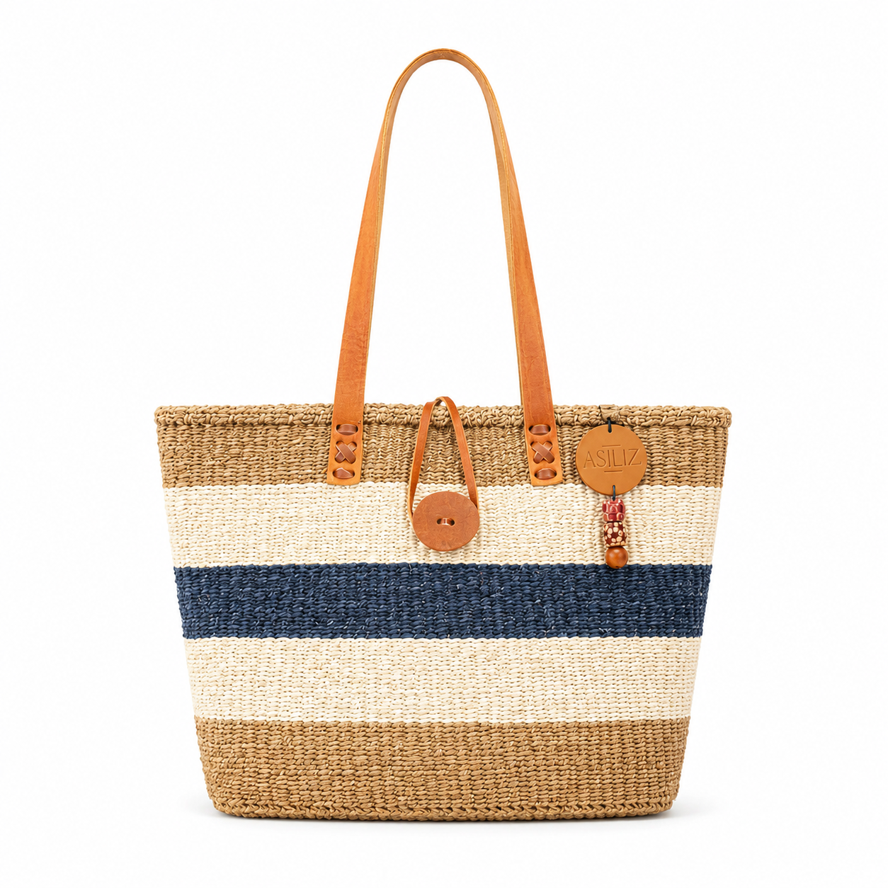 Sisal Tote Bag - Handwoven Natural, White & Navy 12"