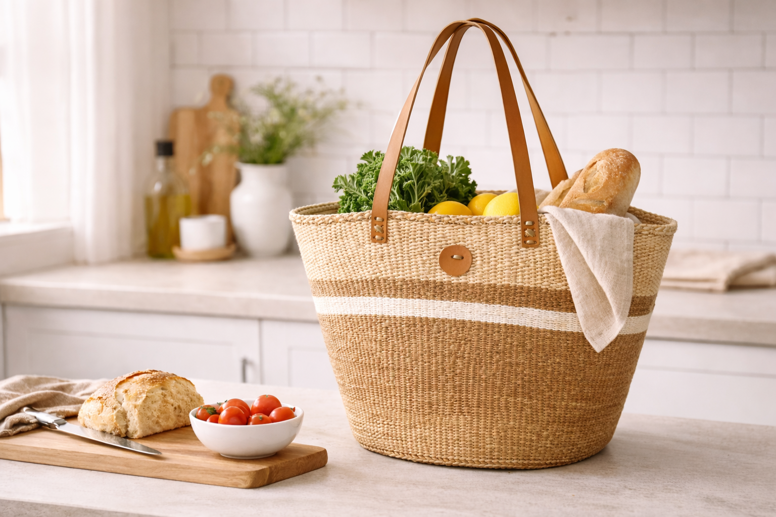Sisal Tote Bag - Neutral and White 14"