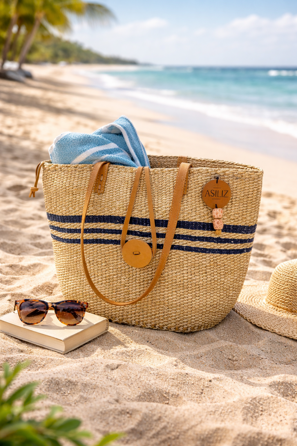 Sisal Tote Bag - Natural Handwoven with Black Stripes 10"