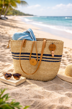 Sisal Tote Bag - Natural Handwoven with Black Stripes 10"