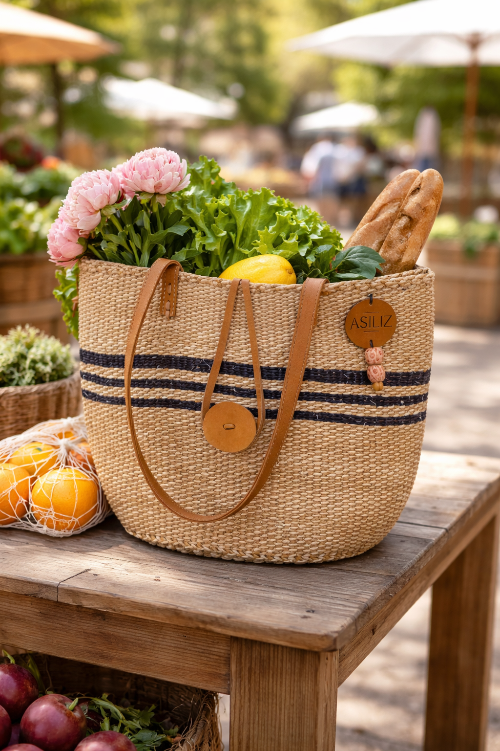 Sisal Tote Bag - Natural Handwoven with Black Stripes 10"