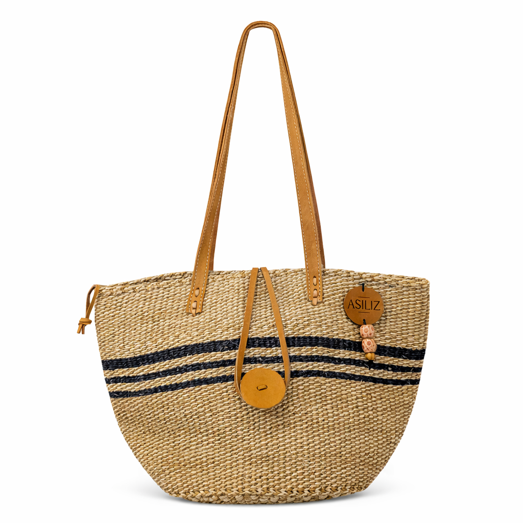 Sisal Tote Bag - Natural Handwoven with Black Stripes 10"