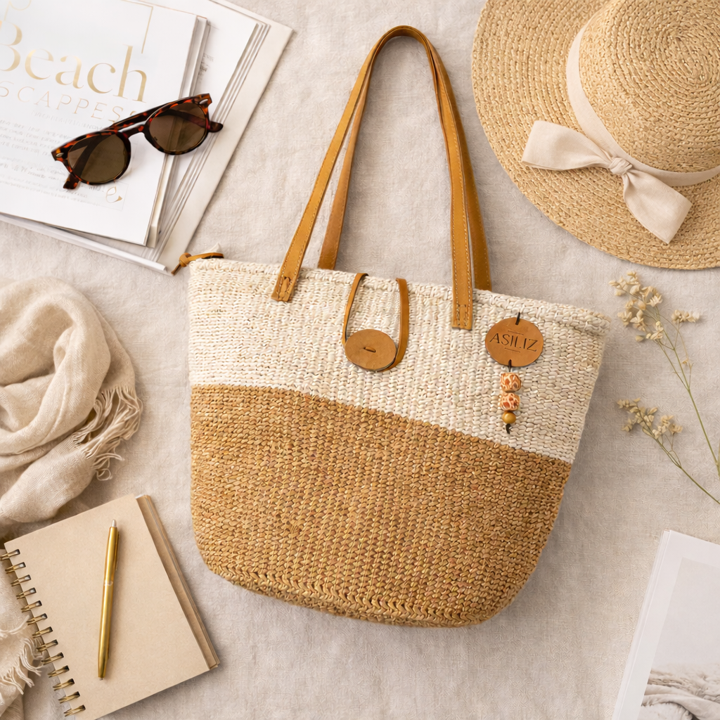 Handwoven two-tone sisal tote bag with leather handles handmade by women artisans in Kenya by Asiliz.