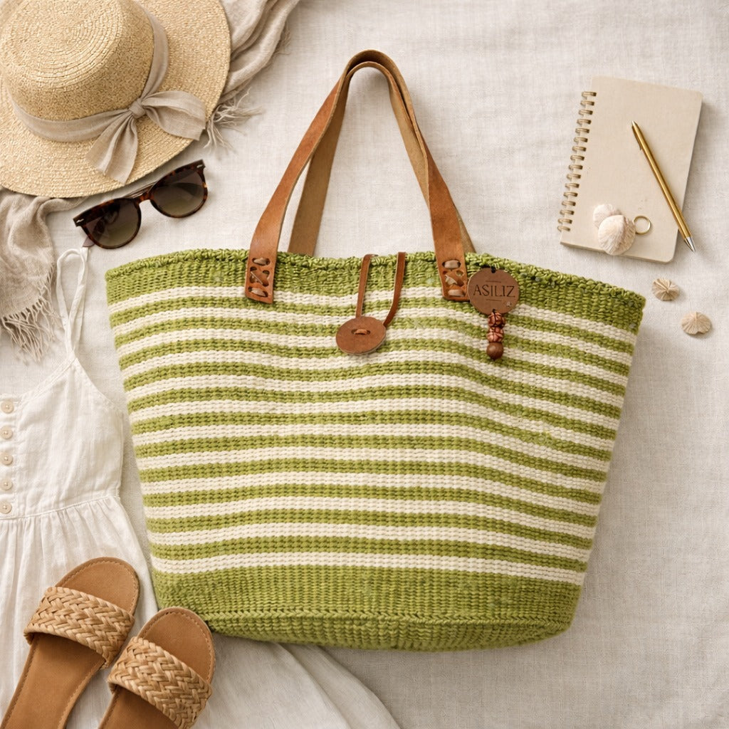 Sisal Tote Bag - Green & White Striped 14"