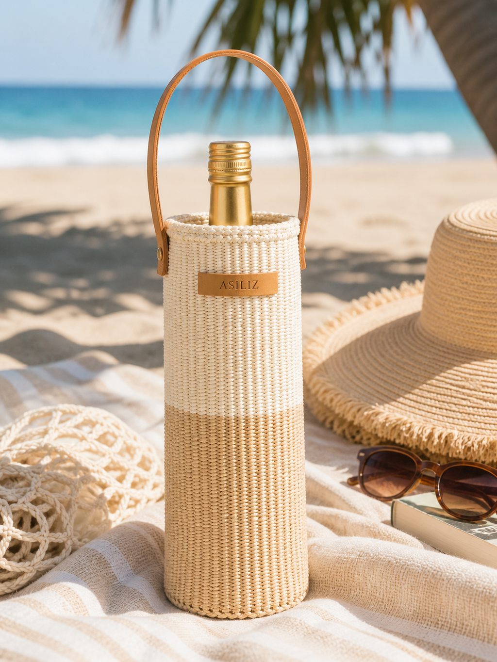 Wine Holder Neutral / Natural Tone Handwoven with Leather Strap