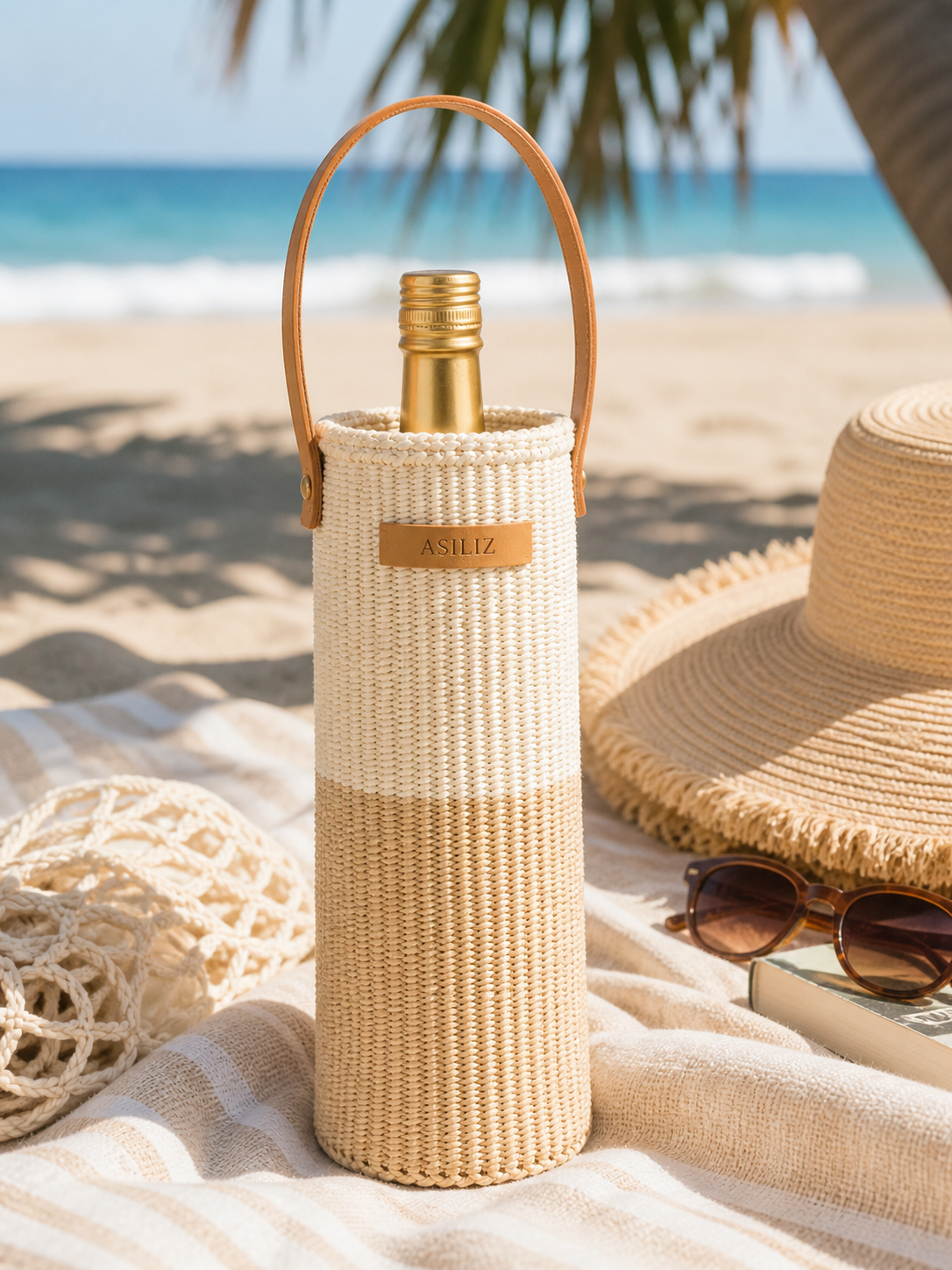 Wine Holder Neutral / Natural Tone Handwoven with Leather Strap