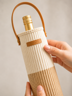 Wine Holder Neutral / Natural Tone Handwoven with Leather Strap