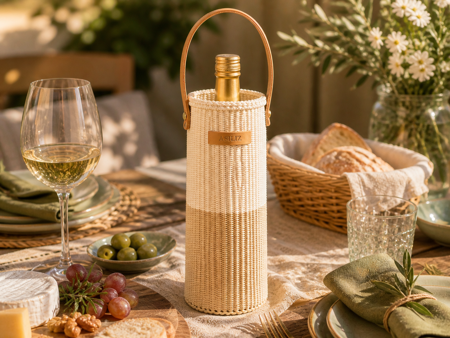 Wine Holder Neutral / Natural Tone Handwoven with Leather Strap