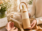 Wine Holder Neutral / Natural Tone Handwoven with Leather Strap
