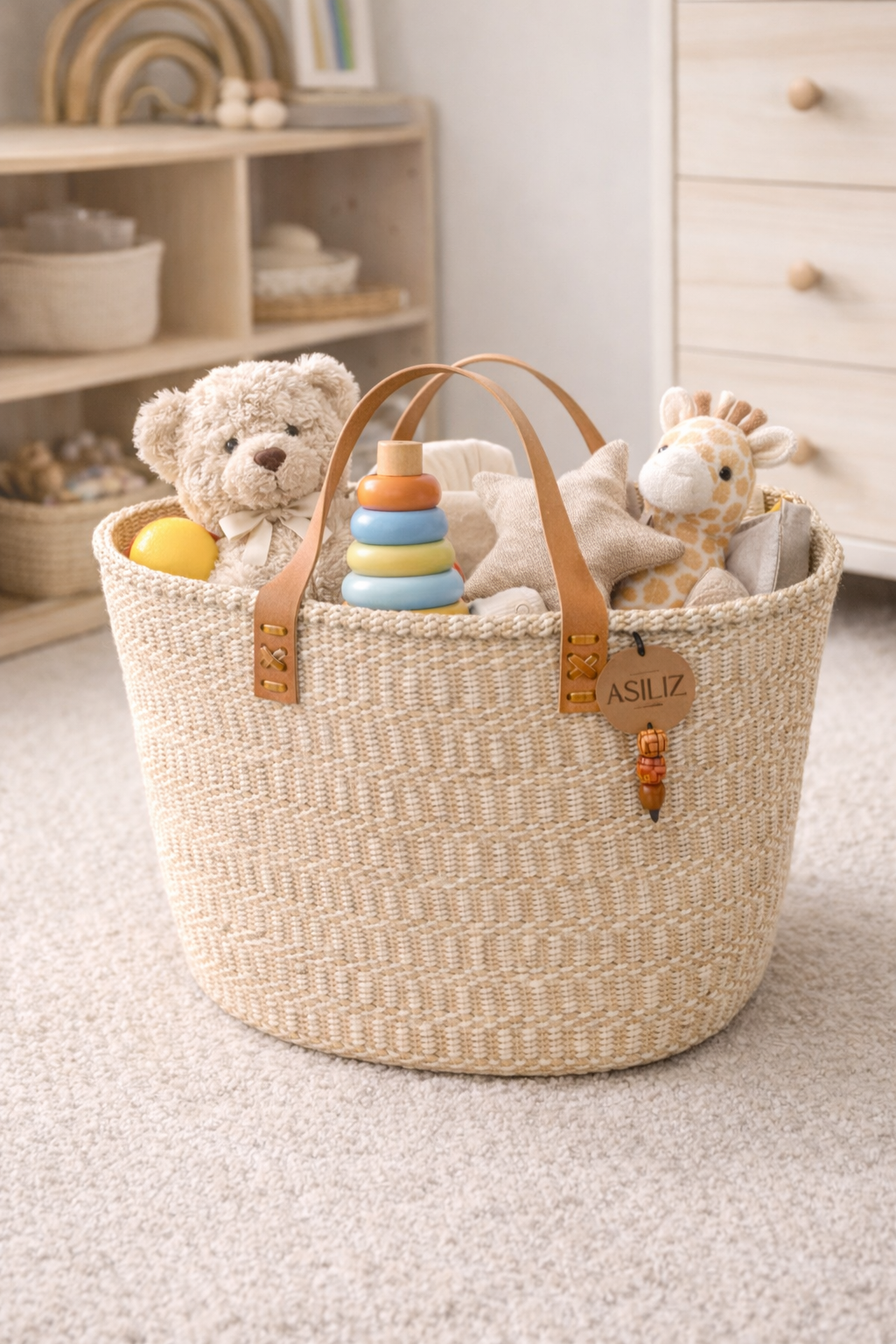 Sisal Storage Basket - Handwoven with Leather Handles