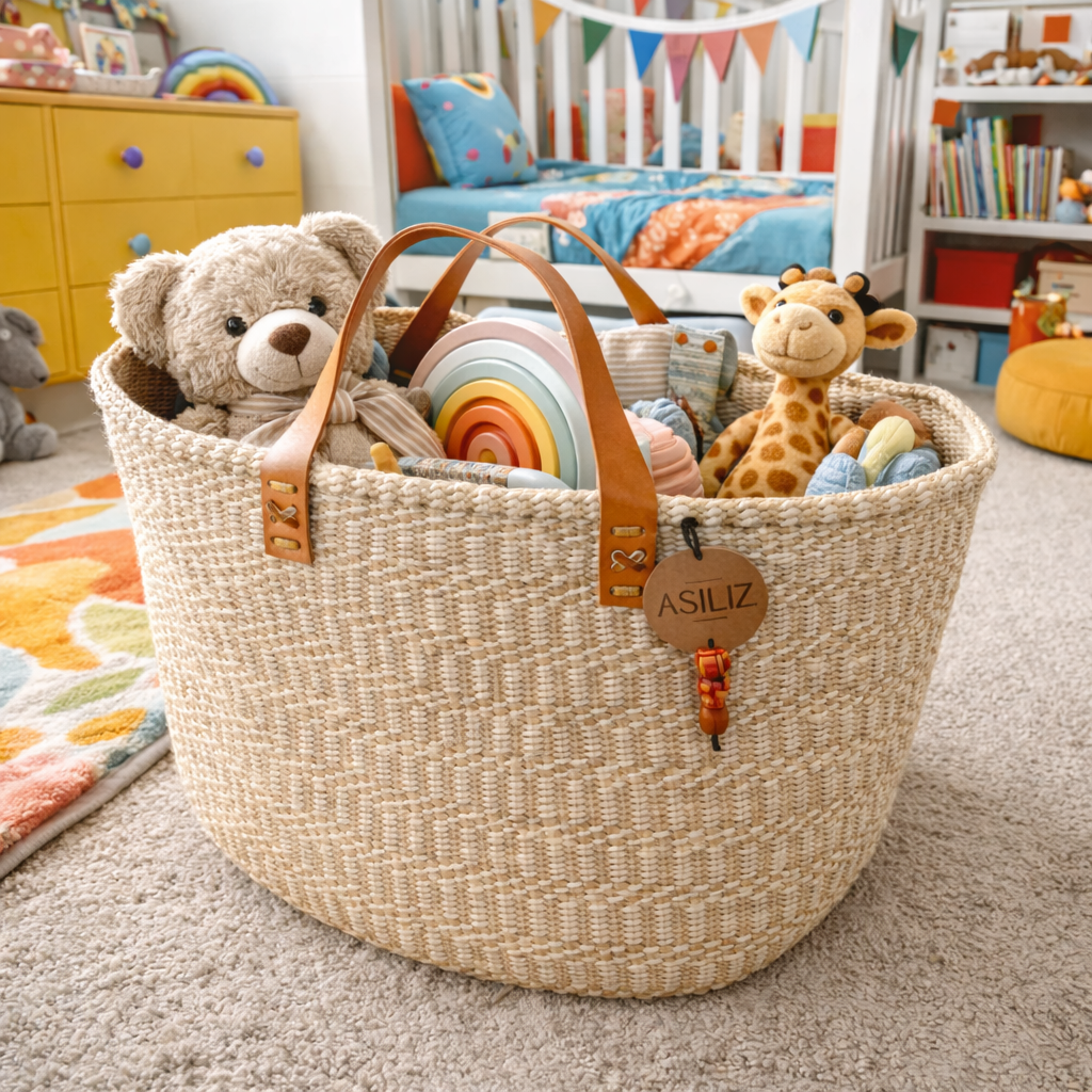 Sisal Storage Basket - Handwoven with Leather Handles