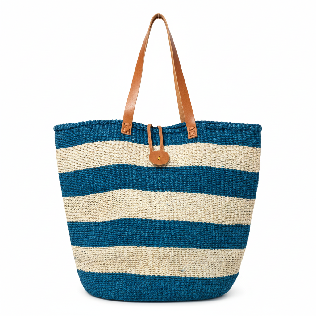 Handwoven blue and white sisal tote bag with leather handles handmade by women artisans in Kenya by Asiliz.