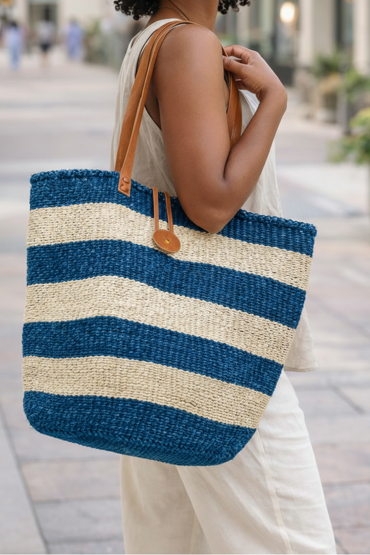 Sisal Tote Bag - Handwoven Blue & White 14"
