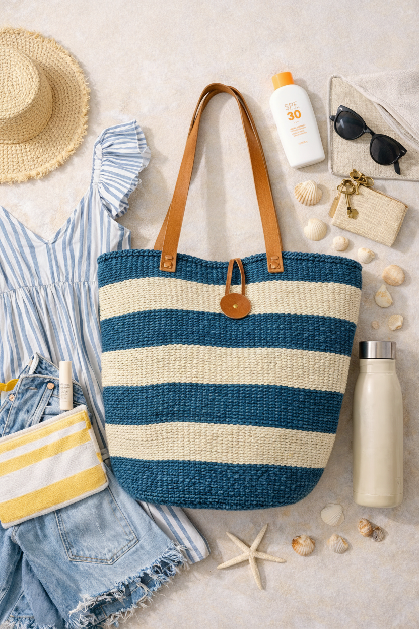 Close-up of blue and white striped handwoven sisal tote bag with leather handles by Asiliz.
