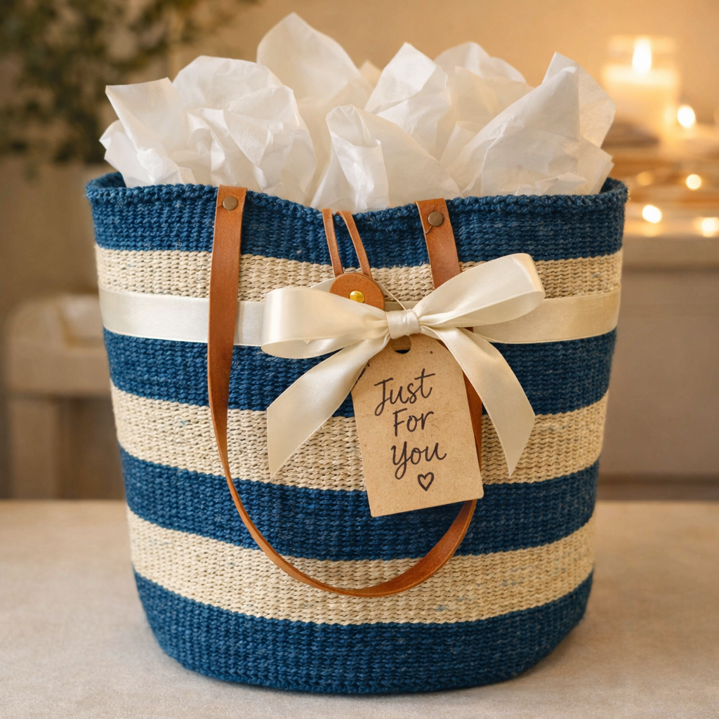 Sisal Tote Bag - Handwoven Blue & White 14"