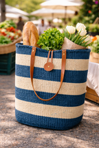 Sisal Tote Bag - Handwoven Blue & White 14"