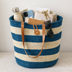 Natural fiber blue striped sisal tote bag handmade by Kenyan artisans with leather straps.