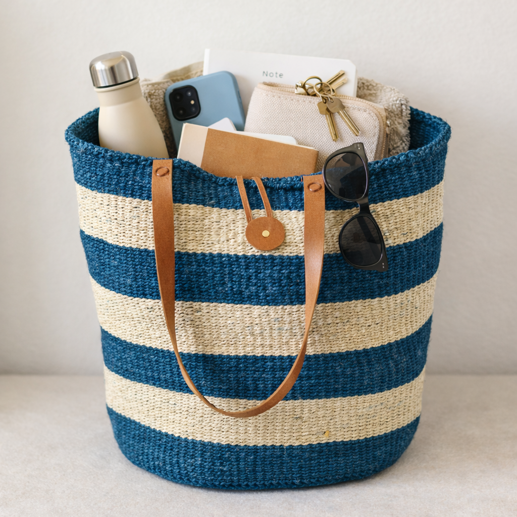 Natural fiber blue striped sisal tote bag handmade by Kenyan artisans with leather straps.
