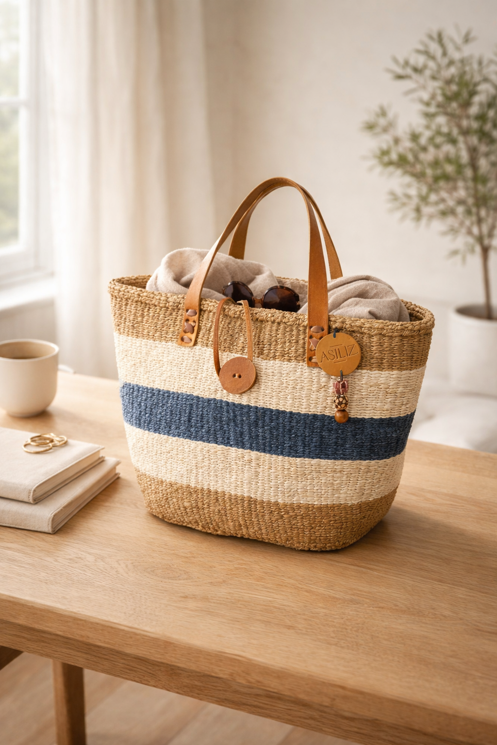 Sisal Tote Bag - Handwoven Natural, White & Navy 12"