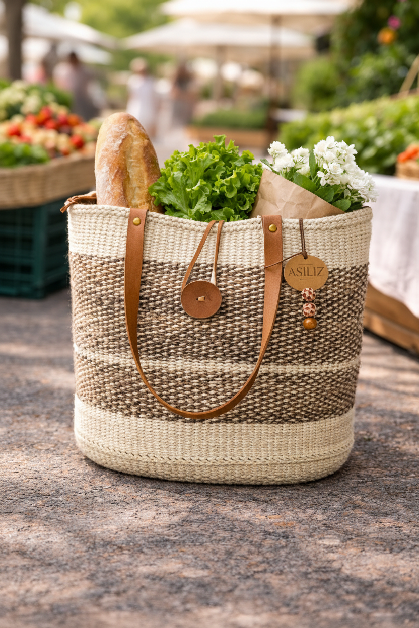 Natural fiber woven sisal tote bag with brown speckled pattern and leather handles by Asiliz.