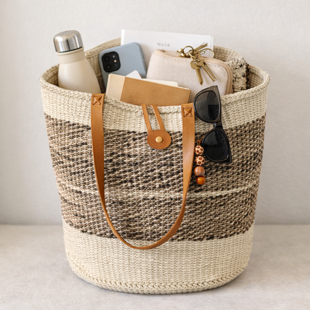 Close-up of handwoven natural and brown sisal fibers on artisan tote bag handmade in Kenya.