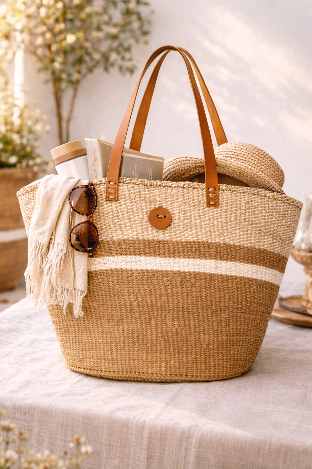 Sisal Tote Bag - Neutral and White 14"
