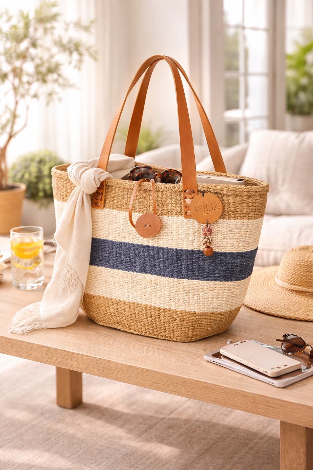 Sisal Tote Bag - Handwoven Natural, White & Navy 12"