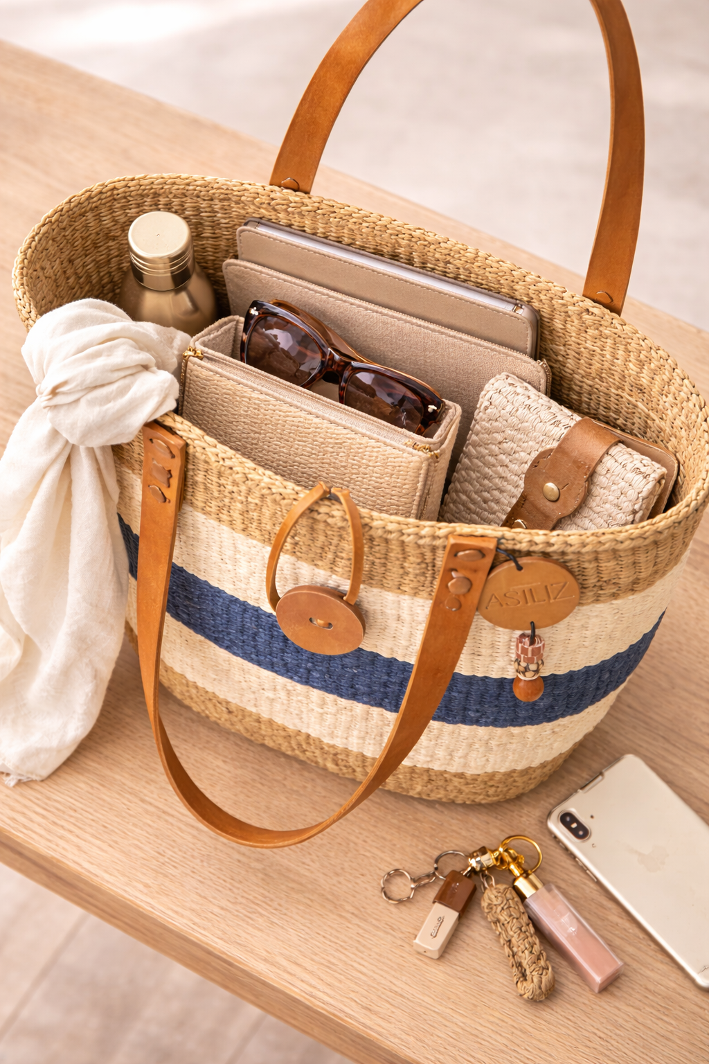 Sisal Tote Bag - Handwoven Natural, White & Navy 12"