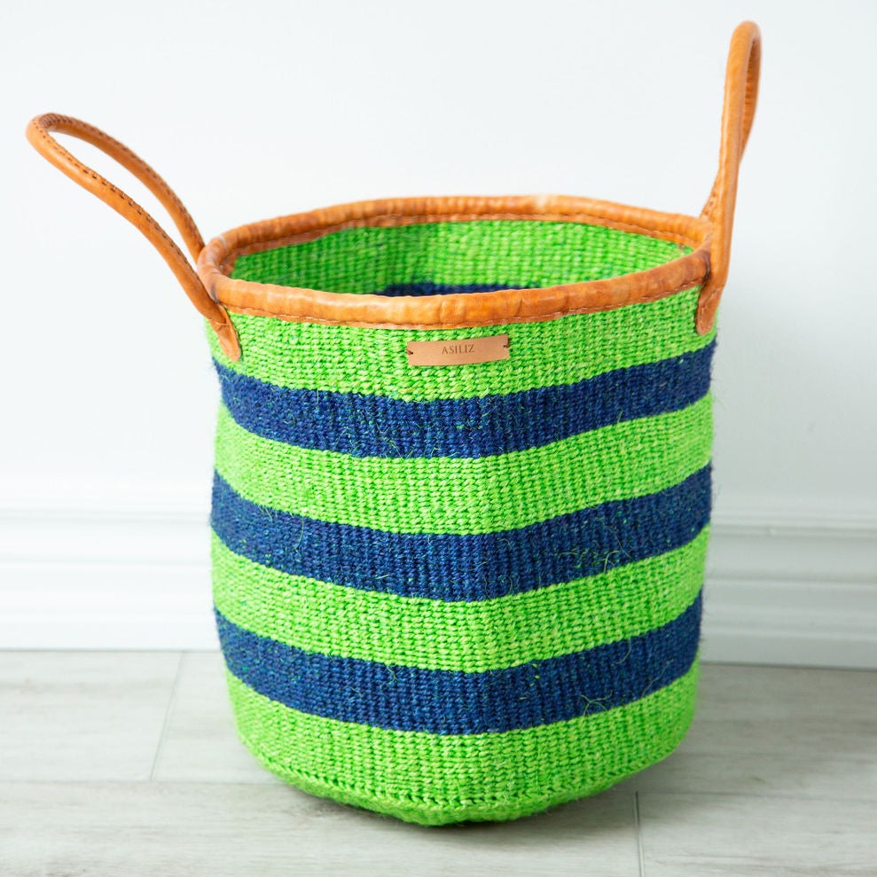 Green and Blue Hand Basket with Leather Handle - Asiliz