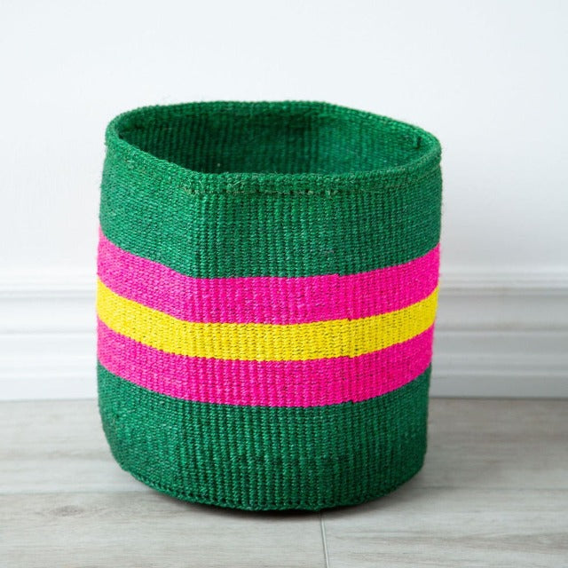 Dark Green, Yellow, and Pink Sisal Basket