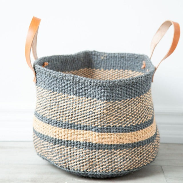 Natural and Dark Grey Sisal Basket with Leather Handle - Asiliz